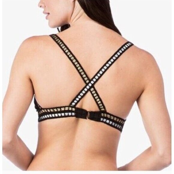 NWT La Blanca 4 Metallic Ribbon-stitch Black Bikini Top Swimsuit #86609 - Picture 2 of 4